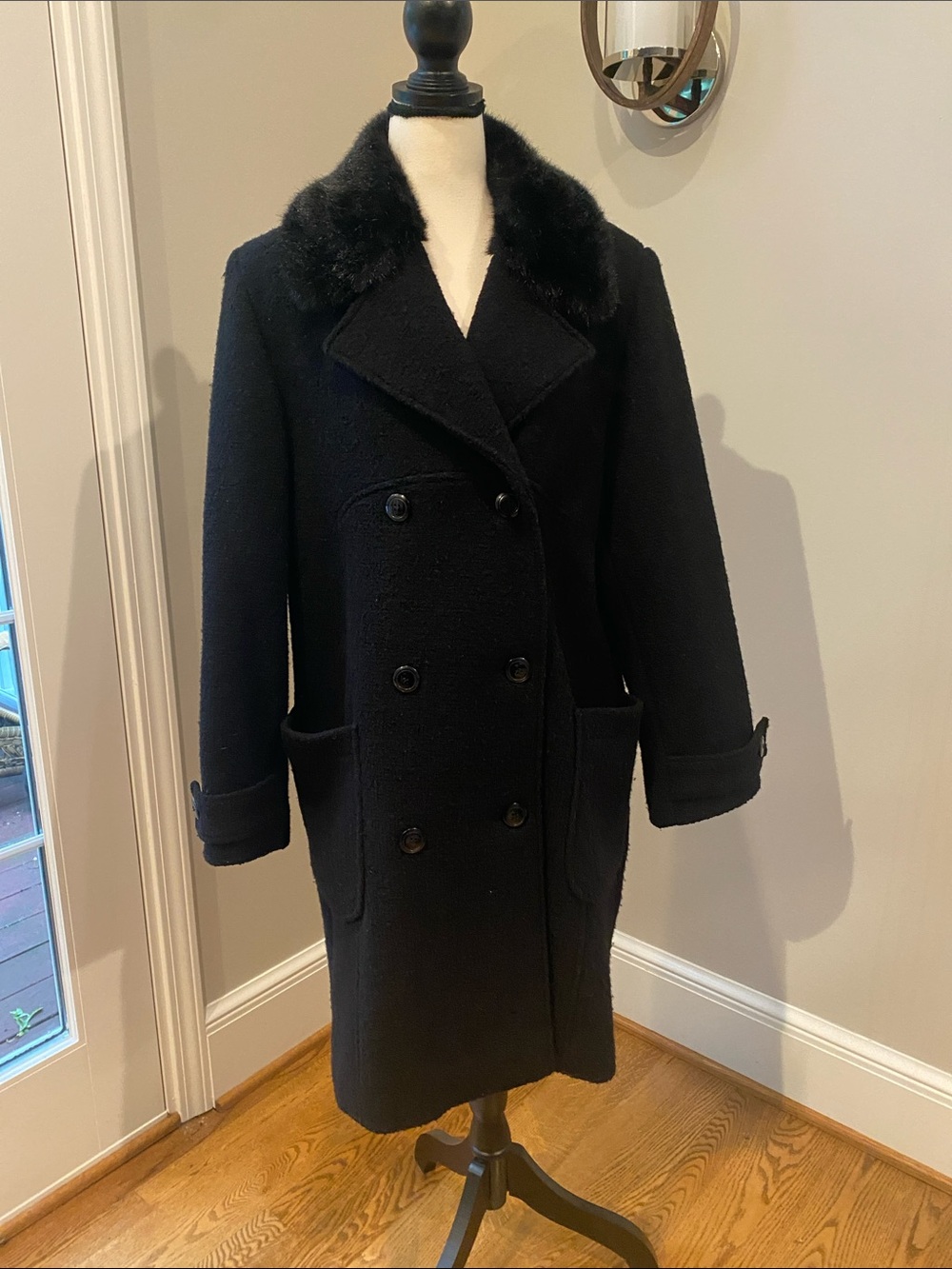 Vintage double breasted black wool midi winter coat shawl collar size 11/12